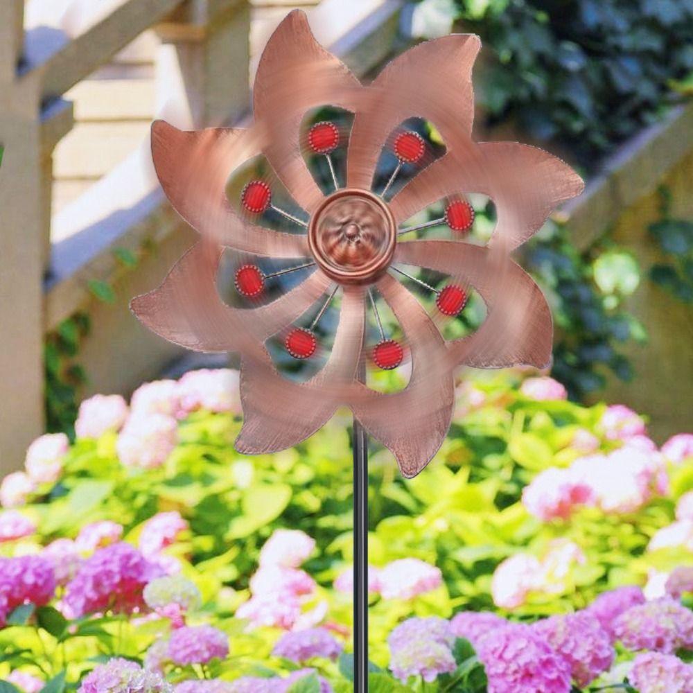 Rotating Wind Spinners Metal Flower Pinwheel Double Windmill Sculpture  Lawn