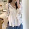 Women Casual Lace V-Neck Lantern Long Sleeve Blouses