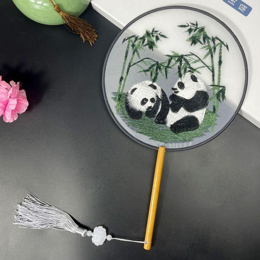 Creative Embroidered Silk Fan Cute Panda Embroidery Round Fan  Home Decorations