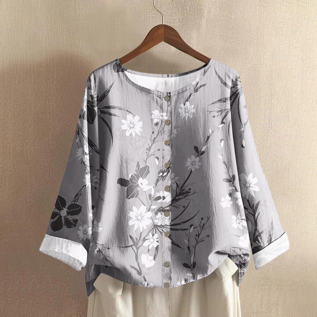 Женский повседневный топ с длинным рукавом и круглым вырезом, из хлопка и льна, с принтом в стиле ретро с градиентом