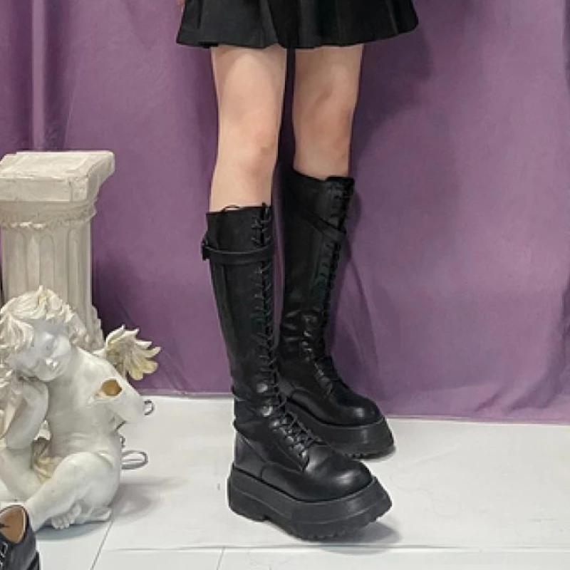 Модная шнуровка Зима 2025 Сапоги до колена Женские со шнуровкой Платформа Длинные сапоги для женщин Водонепроницаемые Демисезонные Рабочие Весенние Новые