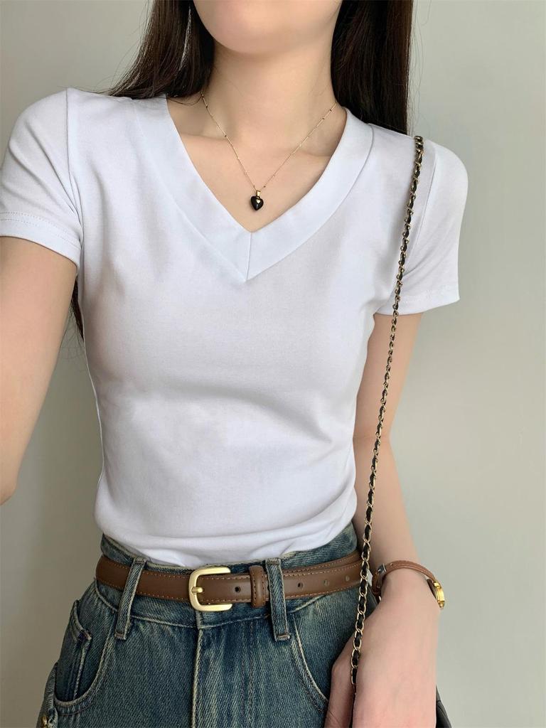 Женская однотонная футболка с V-образным вырезом и коротким рукавом, облегающая - Летняя коллекция 2024