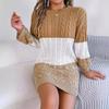 Autumn and Winter Women's Casual Colour Blocking Twist Lantern Sleeve Sweater Dresses