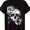 Летняя мужская футболка с готическим узором - Черно-белая с принтом черепа и розы, повседневный топ с круглым вырезом и короткими рукавами
