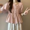 Gentle French Style Square Collar Blouse Solid Color Basic Summer Elegant Puff Sleeve Fashion Folds Shirts