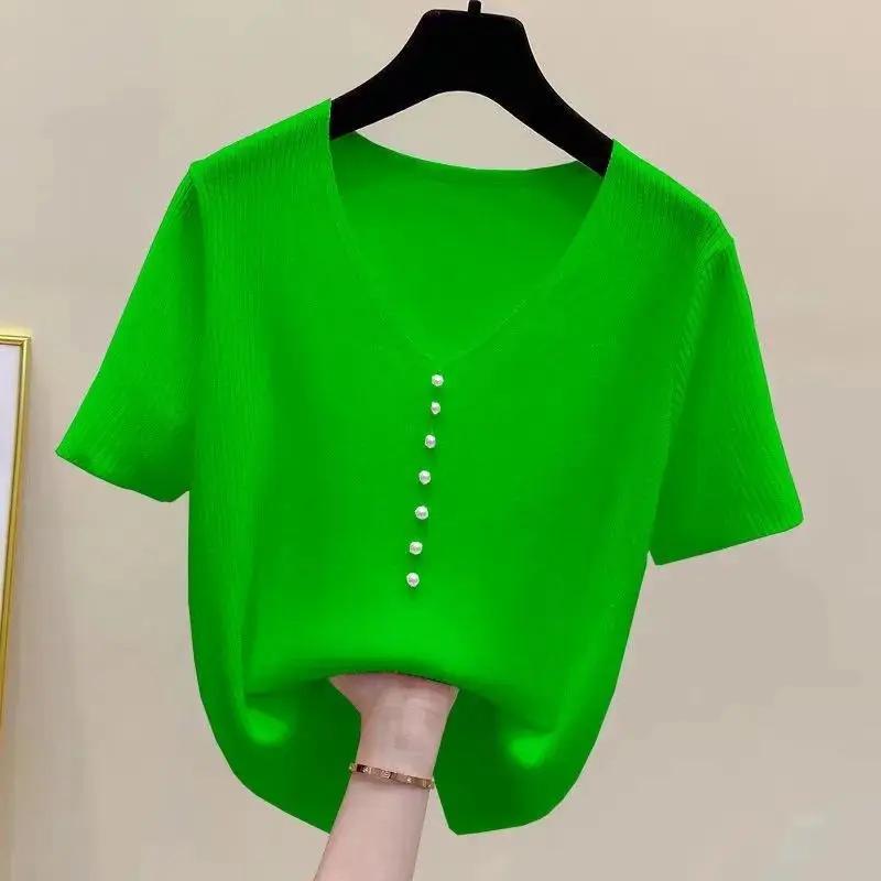 Женский вязаный топ с V-образным вырезом, короткий рукав, пуговицы-жемчужины, повседневная свободная блузка