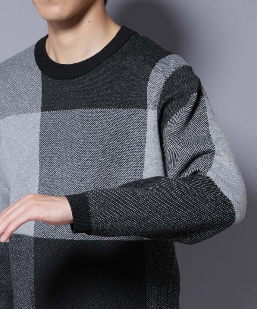 Nano Universe Block Check Crew Neck Size L Men's Knit, (140), Green, 672-5222209