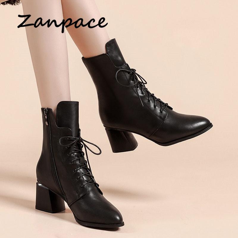 ZANPACE Платформа Каблуки Женские Ботинки Зимние Плюс Бархатные Женские Туфли Средней Длины Модные Острые Носки Зимние Женские Ботильоны
