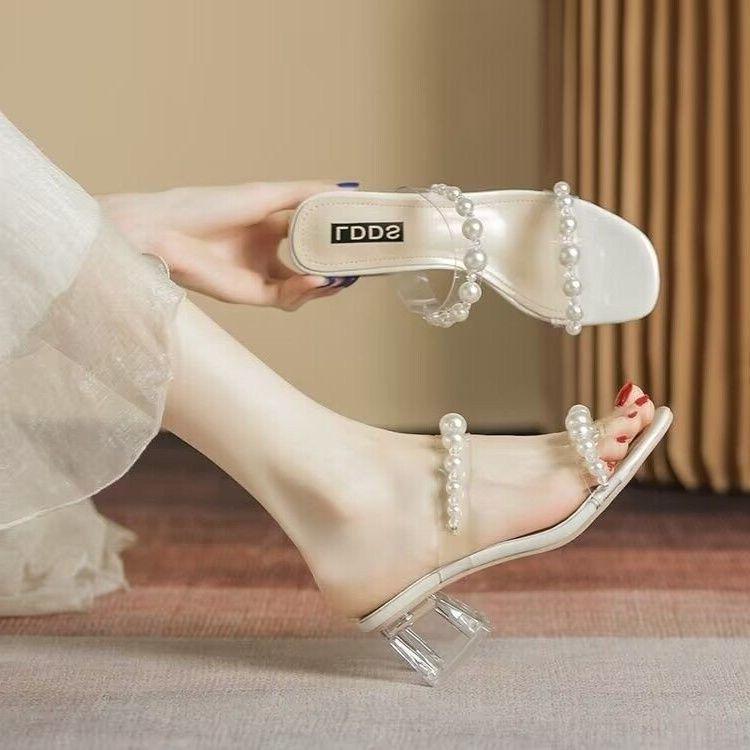 Универсальная юбка, высококлассные хрустальные сандалии на толстом каблуке, сказочные тапочки с жемчугом, женская летняя одежда 2025 новые модели