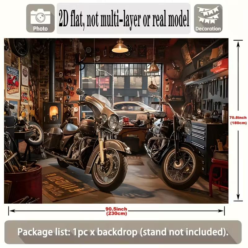 2D Vintage Motorcycle Garage Backdrop Banner - Biker Party Photo Background