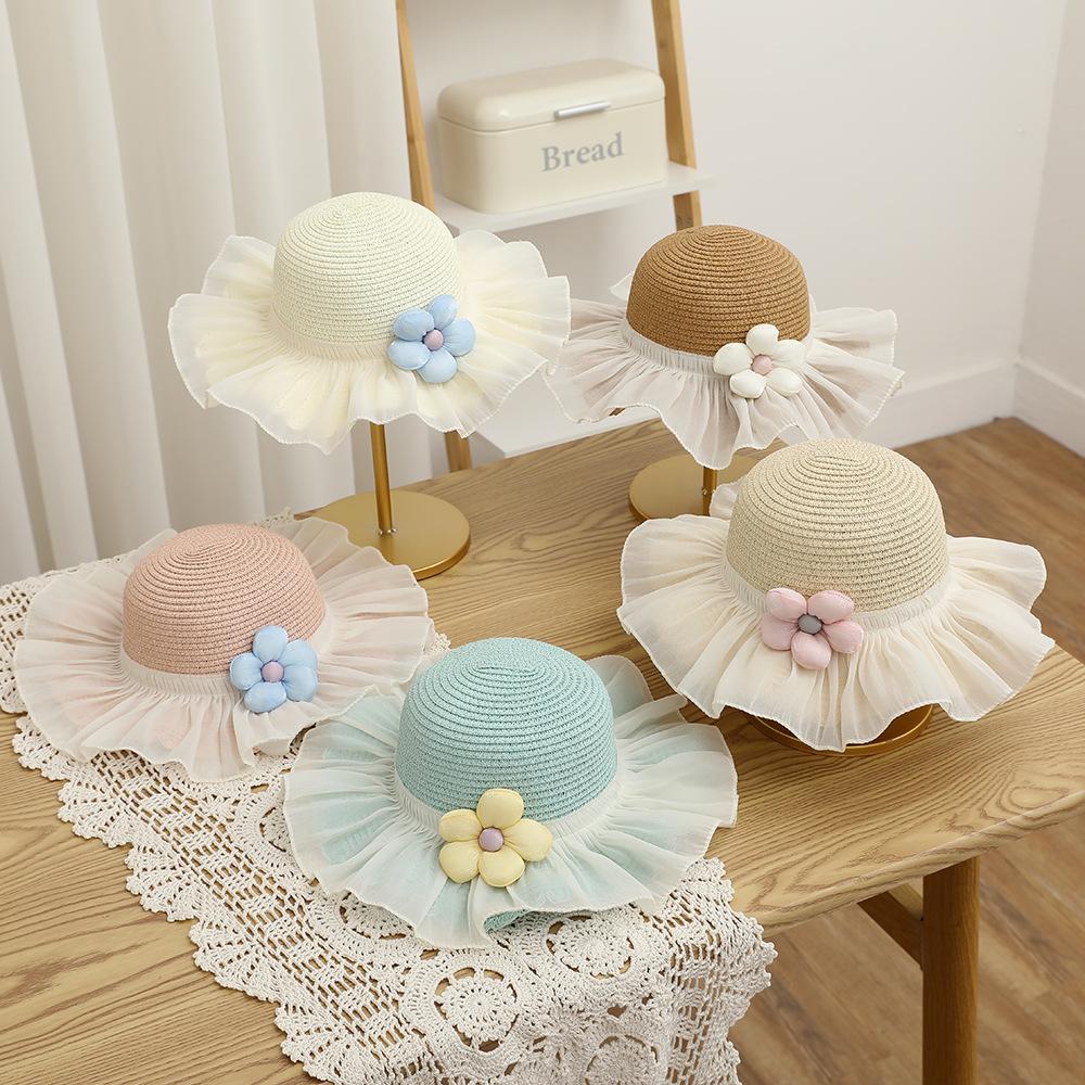 New summer children's straw hat ruffle edge lace fairy princess sun shade sun hat vacation beach hat