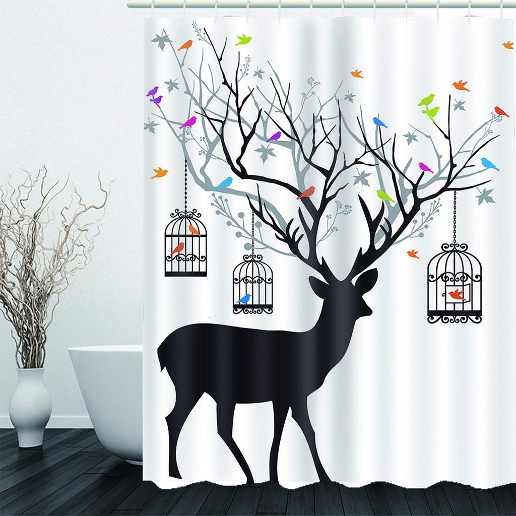 Занавеска для душа с оленем, красочный силуэт животного, рождественские элементы, деревянные доски, тематическая ткань, набор декора для ванной комнаты с крючками