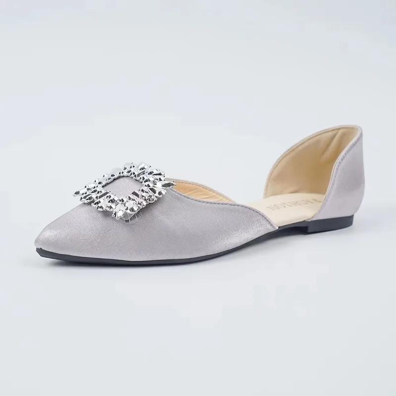 Модная женская обувь 2024 года, лето, новый стиль, острый носок, неглубокий носок, модные однотонные женские туфли без застежек со стразами на плоской подошве