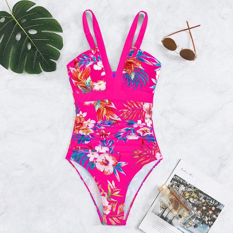 One Piece Women Swimwear Deep V Floral Print Swimsuit