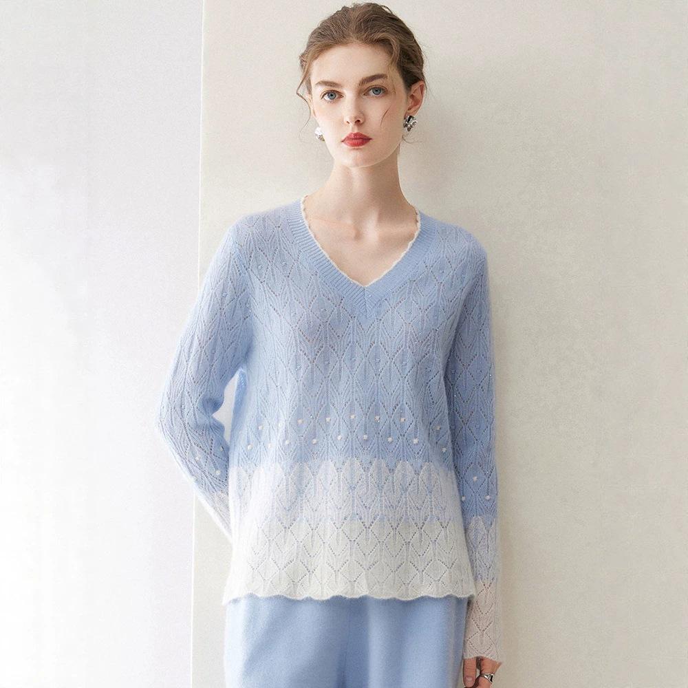 100% Pure Cashmere V-Neck Women's Sweater: Autumn/Winter, Thin, Hollow Knit, Color Block, Loose Fit Top