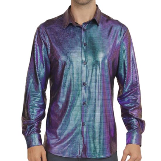 Мужская рубашка для выступлений с блестящей поверхностью и отложным воротником, однобортная рубашка с длинными рукавами и пуговицами, атласная рубашка для клубной вечеринки, дискотека, сценическое шоу