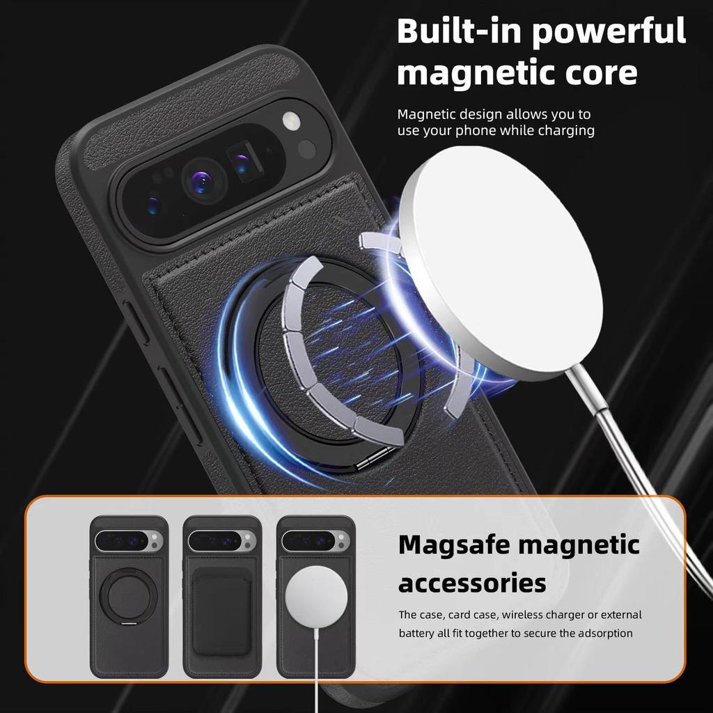 Магнитная подставка Yashi 360 для Google Pixel 9A Кожаный защитный чехол - Модель 10ProXL