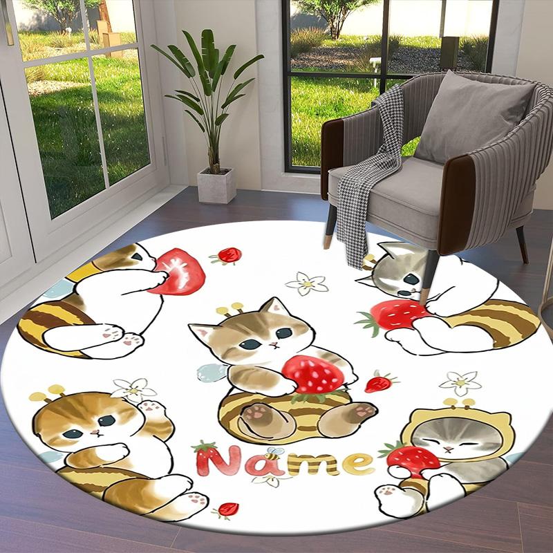 Bee Strawberry Cats Custom Name Round Area Rug Carpet Rug For Living Room Bedroom Sofa Playroom Decor Nonslip Floor Mat