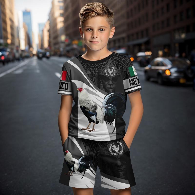 Футболки с 3D-принтом и рисунком мексиканского петуха, комплект из 2 предметов, детская футболка, короткие штаны, костюм для детей 4-14 лет, модные комплекты с коротким рукавом
