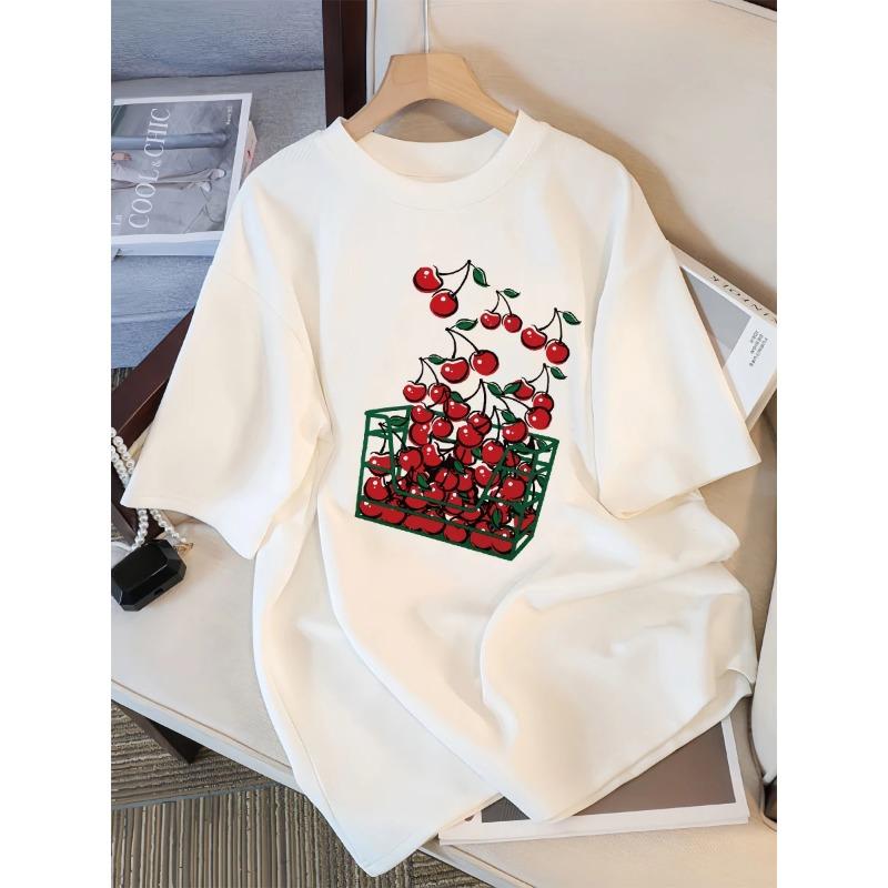 Футболка женская с принтом «Корзина вишен», дышащая, повседневная, летняя, с коротким рукавом, мягкая, свободного кроя, уличная одежда, женская футболка