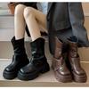 Fashion Women Fashion Mid Calf Thick Boots Splicing Pleated Designer Winter 2025 Trend Vintage Women Shoes Leather Punk Modern Boots