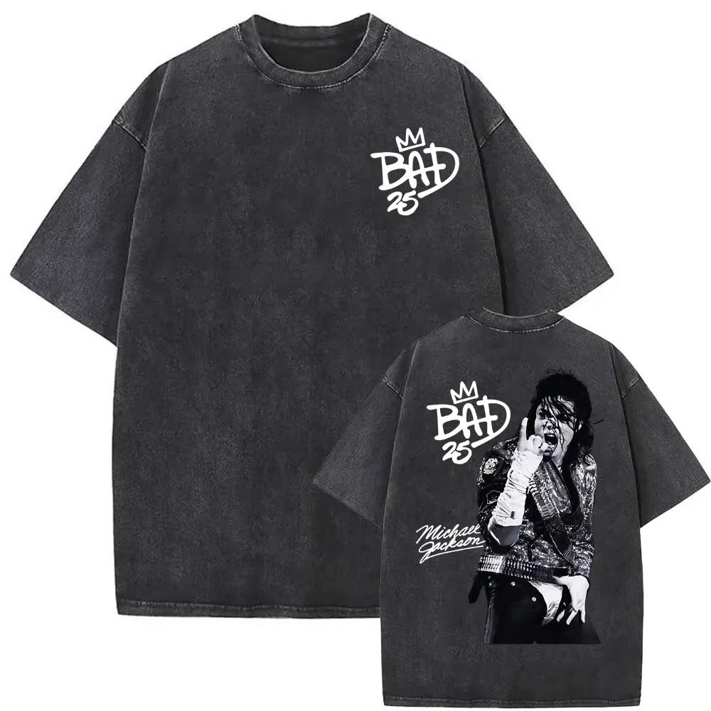 King of Pop Michael Jackson Bad World Tour T Shirts Men Women Casual Loose Oversized Tshirt Hip Hop S Vintage Washed Tshirts