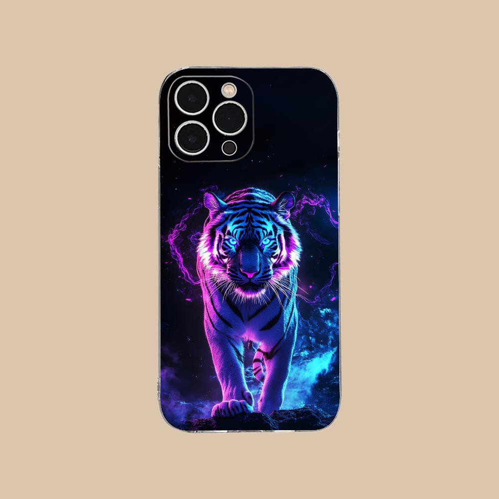 Неоновый чехол для мобильного телефона с тигром для iPhone 17 16 15 14 13 12 11 X XR XS Air Pro Max Plus Mini Прозрачный Цветной Чехол Чехол