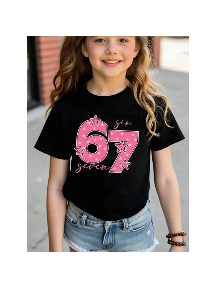 Girls Cute Star Pattern Number 67 Print Short Sleeve Tee Breathable Cotton Perfect for Birthday Daily Outfitsdf0045