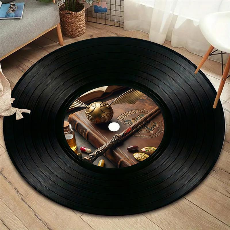 Record Texture Flag Magic Round Area Rug,Carpet Rug for Living Room Bedroom Sofa Playroom Decor,Non-slip Floor Mat