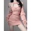 Knitted Two Piece Sets Fashion Hot Girl Outfits For Women Suit Crop Top Pink Cardigan Female Mini Wrap Knitted Dresses Woman