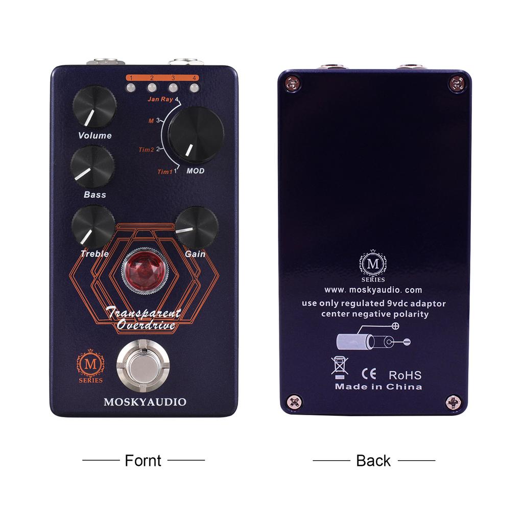 MOSKYAudio Overdrive, педаль эффектов для гитары, 4 переключателя режимов и регуляторы громкости/низких/высоких частот/усиления, компактный