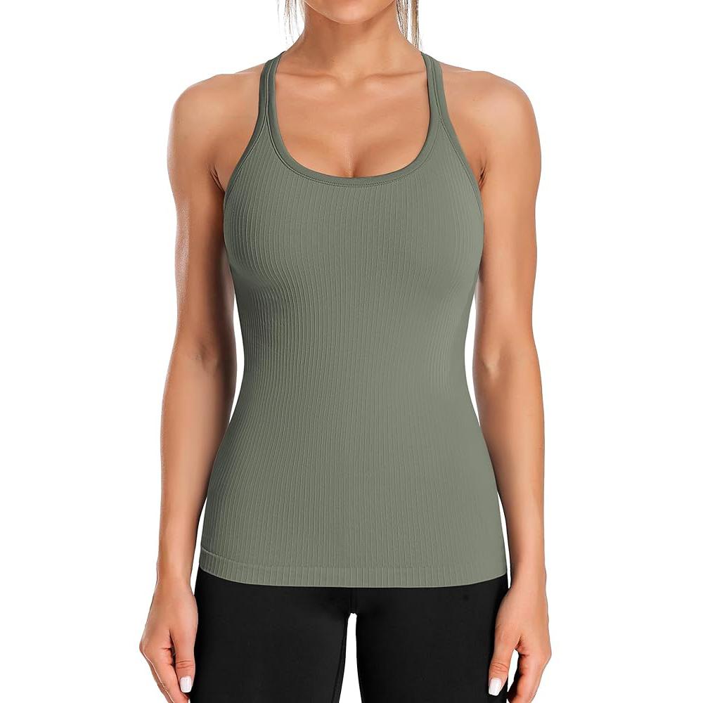 CHARMLEAKS Женские майки для тренировок в рубчик со встроенным бюстгальтером. Плотный спортивный топ с круглым вырезом и борцовкой.