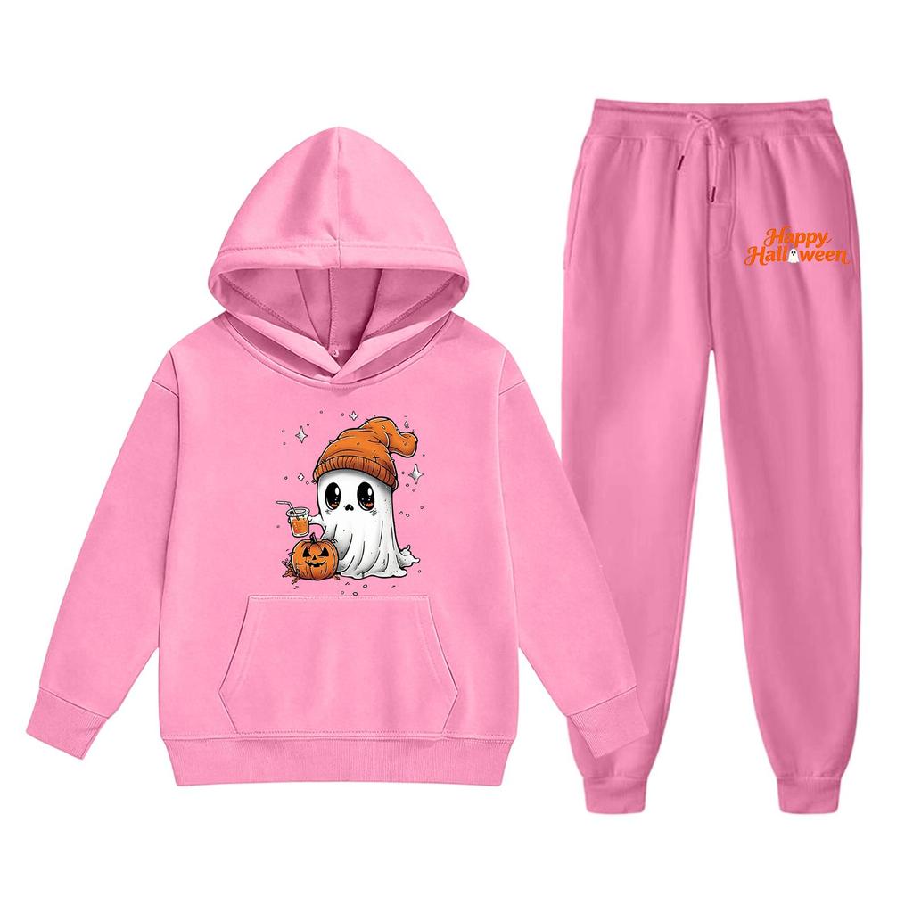 Kids Halloween Hoodie and Sweatpants Set Ghost Pumpkin Print Hooded Sweatshirt and Matching Bottoms Comfortable Fit for Boys and Girls