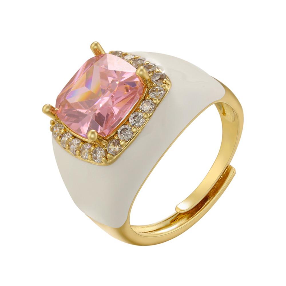 Adjustable Zircon Open Ring Multicolor Geometric Square Ring Enamel Dripping Oil Ring For Women