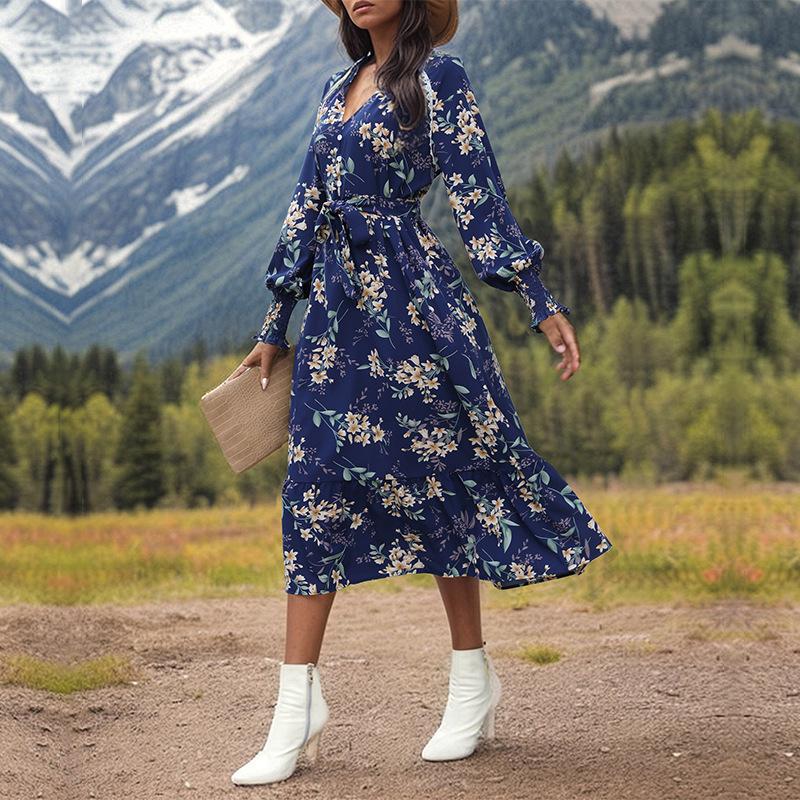 Весенне-осеннее женское платье с v-образным вырезом и длинным рукавом с цветочным принтом, темпераментные элегантные платья