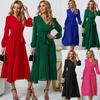 Women's New Long Sleeved Slim Fit Pleated Waistband V-neck Dress