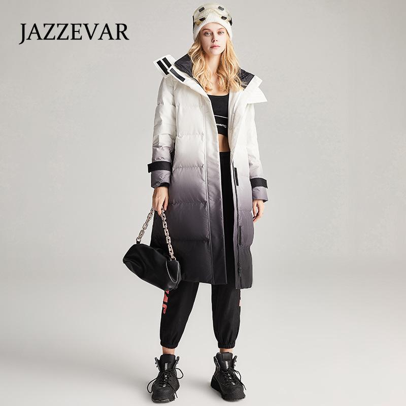 JAZZEVAR Женский длинный утолщенный пуховик, зимнее новое свободное контрастное пальто с капюшоном