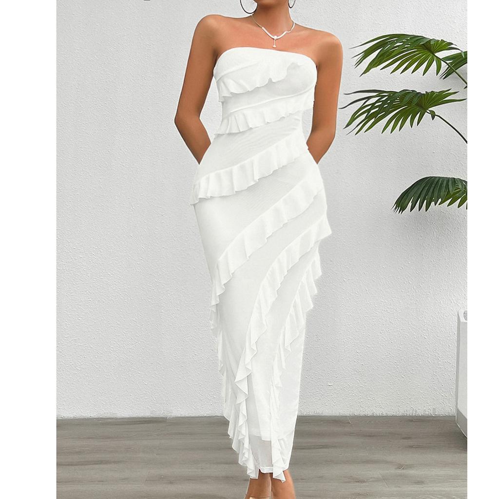 Women's Loose Solid Color Bag Buttocks Solid Color Slim Fit Strapless Dress Fit Strapless Dress