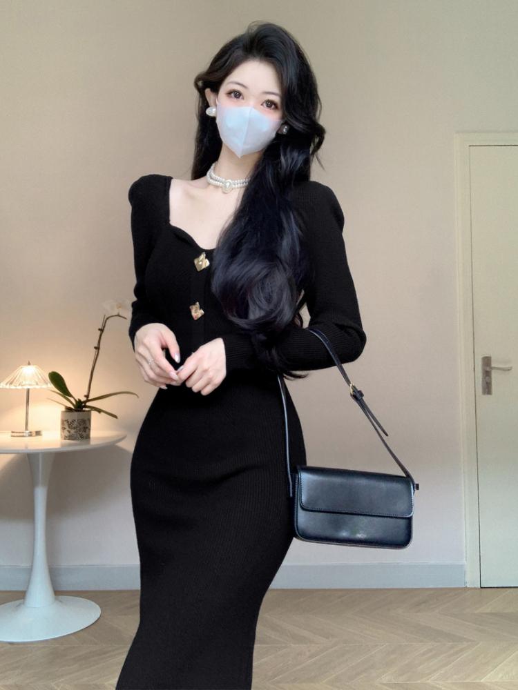 Корейская мода дизайн пуговиц трикотажное платье женское осень квадратный вырез винтажные тонкие вечерние платья эстетическое выпускное платье-свитер Хепберн зима