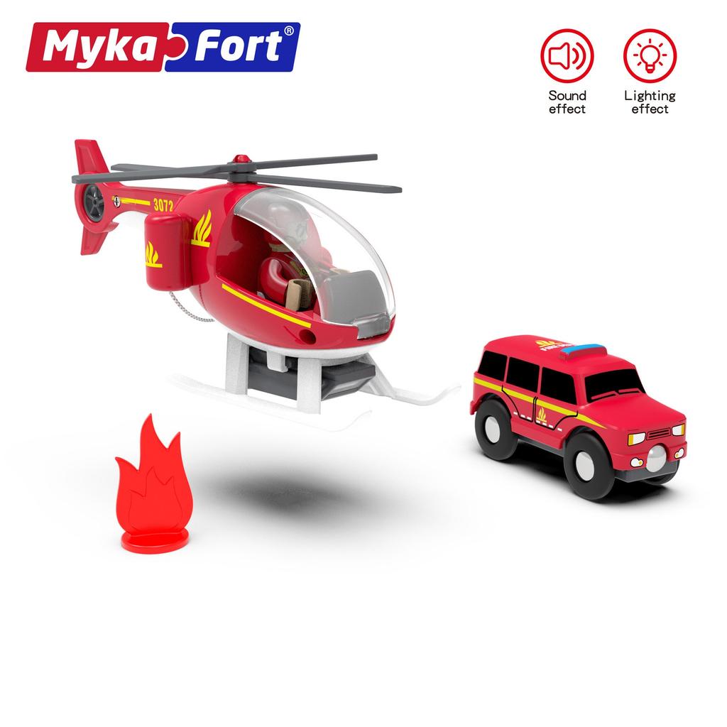 Звуковой светящийся детский игрушечный самолет Maikaff Acousto с деревянным треком для приключений