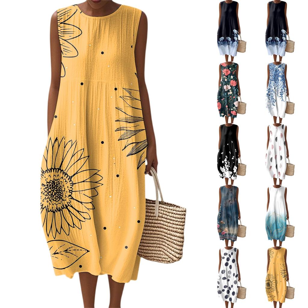 Women's Fashion Casual Sleeveless Round Neck Floral Print Elegant Temperament Dress