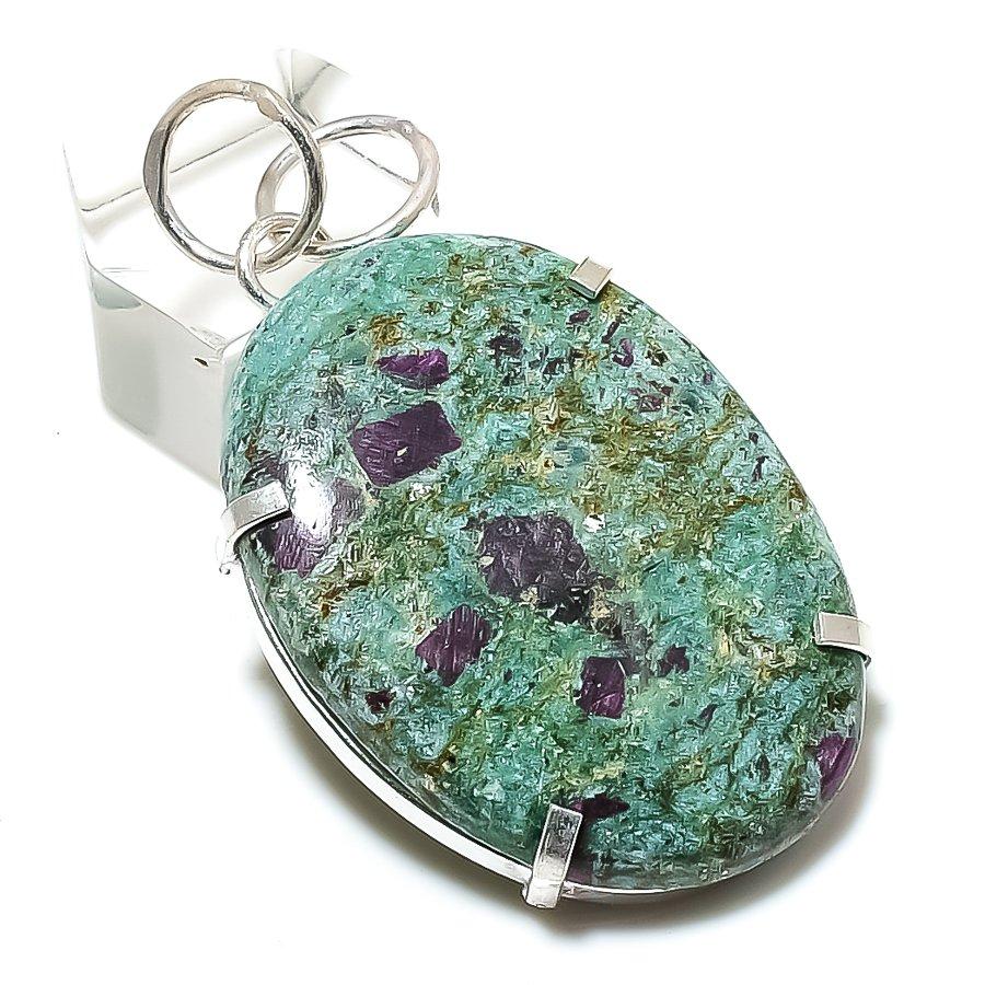 Ruby In Fuchsite Ethnic 925 Sterling Silver Jewelry Pendant 2.09" a0R90
