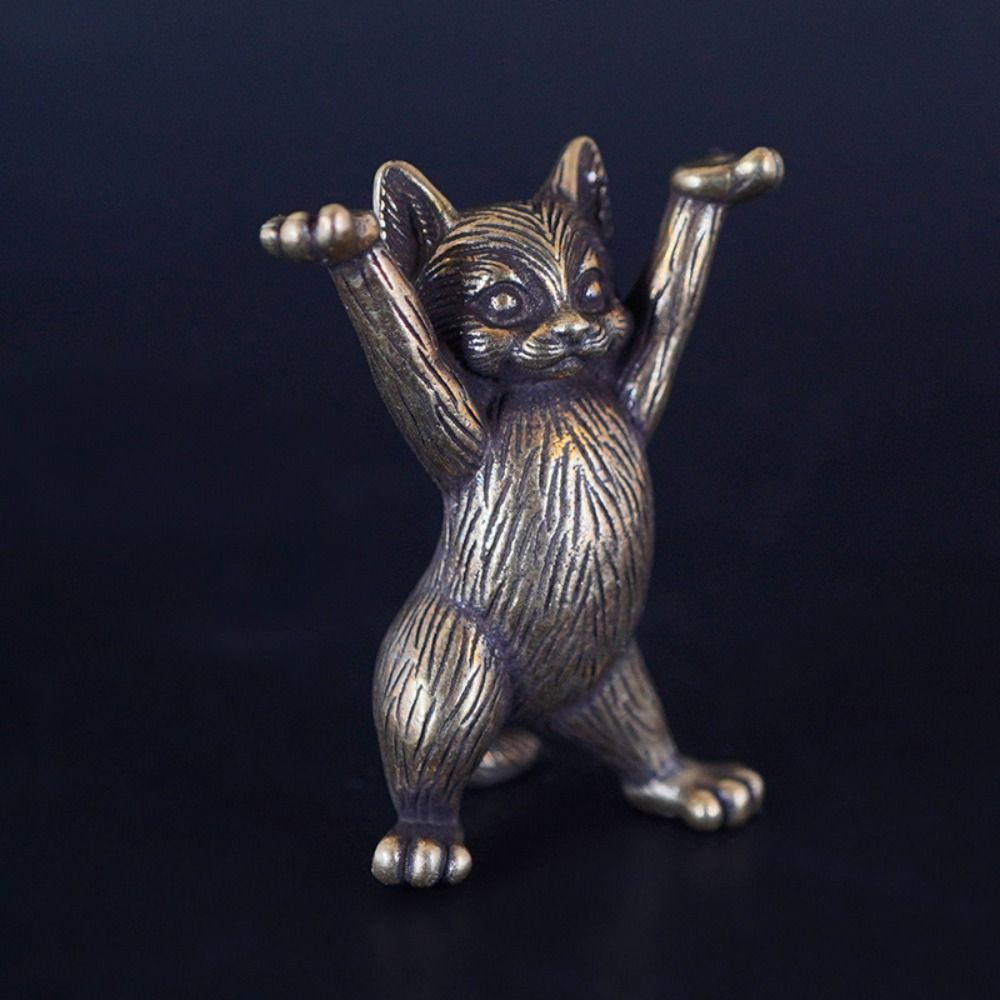 Cute Brass Metal Kung Fu Cat Figurine Antique Copper Finish Decorative Cartoon Animal Miniatures Sculptures Statues Home Decor