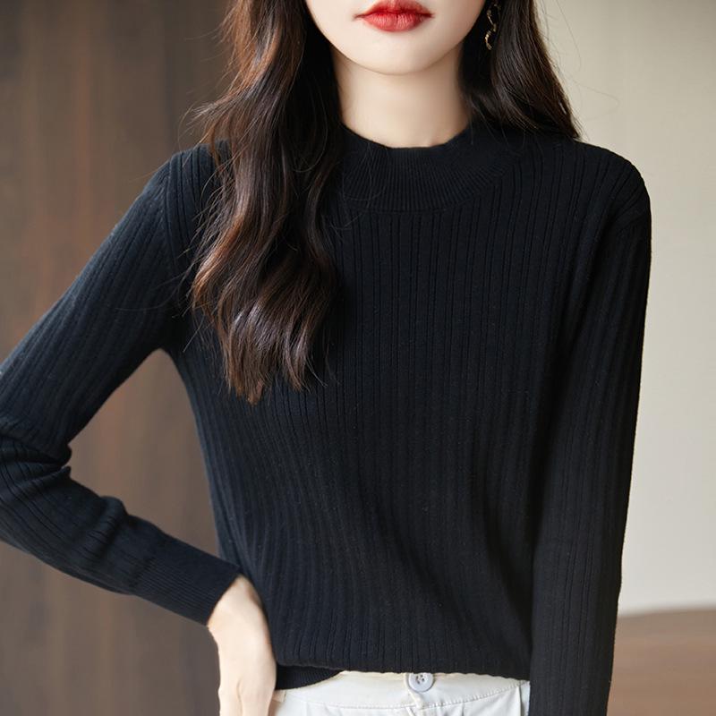 Women's Uneven Stripe Ribbed Cotton Knit Sweater - Half-High Neck Autumn/Winter Inner Layer Top