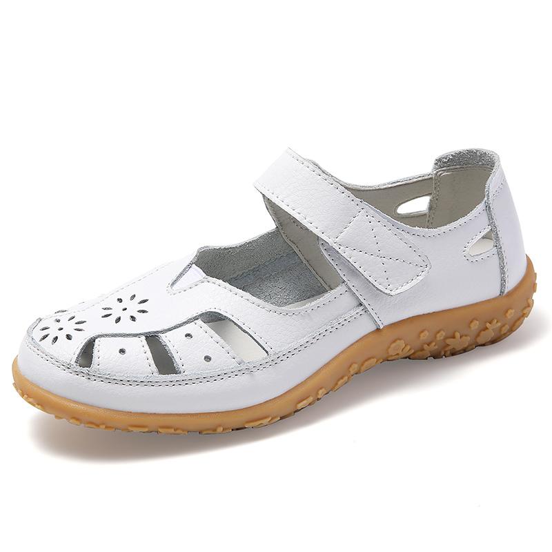 Plus Size Summer Women Sandals Solid Color Light Breathable Flats Non-Slip Soft Leather Walking Nurse Mom Shoes Outdoor
