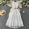 Summer French Vintage Long Maxi Holiday Dress Hollow Out Embroidery Lace High Quality Women Court Party Dresses