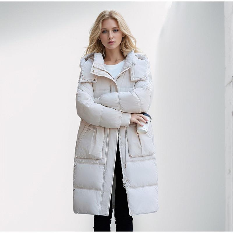Пальто из хлопка с перьями, женская длинная зимняя утолщенная свободная куртка выше колена с капюшоном