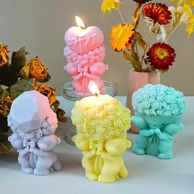 Форма для сердца в виде медведя из розы, букета цветов, день святого валентина, форма для самостоятельной сборки, силиконовая форма для свечей в форме сердца