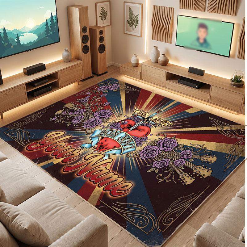 Bon Jovi Personalized Crystal Velvet Carpet, Customized Name Text Soft Anti‑Slip Rug for Living Room Bedroom