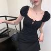 Французское Черное Платье с Квадратным Вырезом и Коротким Рукавом Женское Летнее С Деревянными Ушками на Талии, А-силуэт, Короткая Юбка, Элегантное, Облегающее, Юбка-карандаш на Бедрах